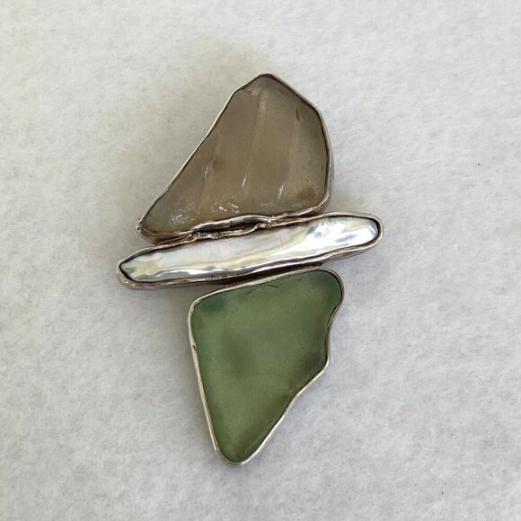 Sterling Silver 925 Beach Glass & Biwa Pearl Pendant Necklace 16"-18" Chain - Picture 6 of 16